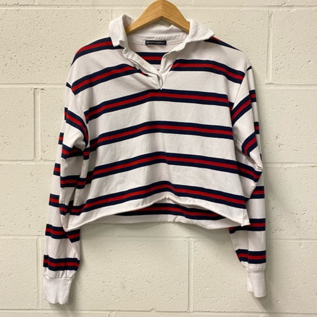 Brandy Melville White Red Cropped Polo Long Sleeve Top